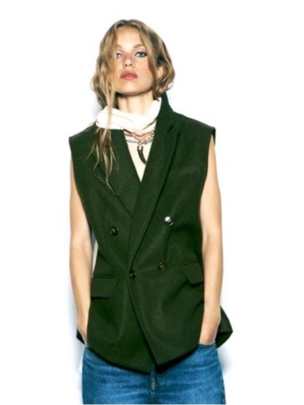Zara Olive Green Double-Breasted Sleeveless Vest